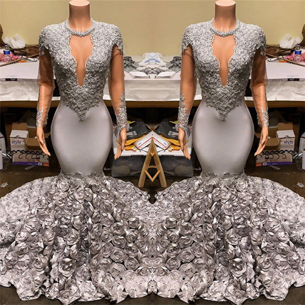 Wanna Prom Dresses, Real Model Series in Stretch Satin,  Mermaid style,  and delicate Appliques work? stylesnuggle has all covered on this elegant Silver Fit and Flare Floral Prom Dresses Wholesale Lace Appliques Real Shooting Prom Party Gowns yet cheap price.