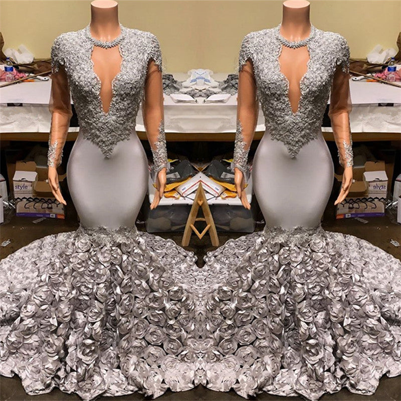 Wanna Prom Dresses, Real Model Series in Stretch Satin,  Mermaid style,  and delicate Appliques work? stylesnuggle has all covered on this elegant Silver Fit and Flare Floral Prom Dresses Wholesale Lace Appliques Real Shooting Prom Party Gowns yet cheap price.