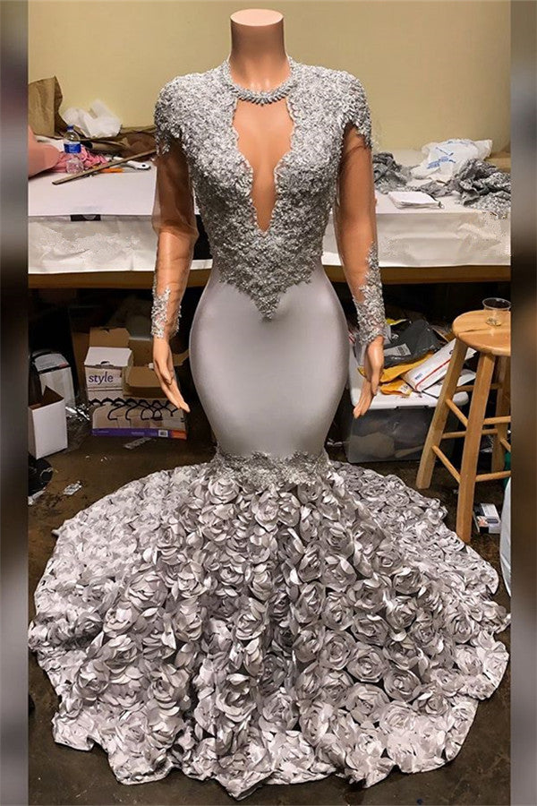 Wanna Prom Dresses, Real Model Series in Stretch Satin,  Mermaid style,  and delicate Appliques work? stylesnuggle has all covered on this elegant Silver Fit and Flare Floral Prom Dresses Wholesale Lace Appliques Real Shooting Prom Party Gowns yet cheap price.