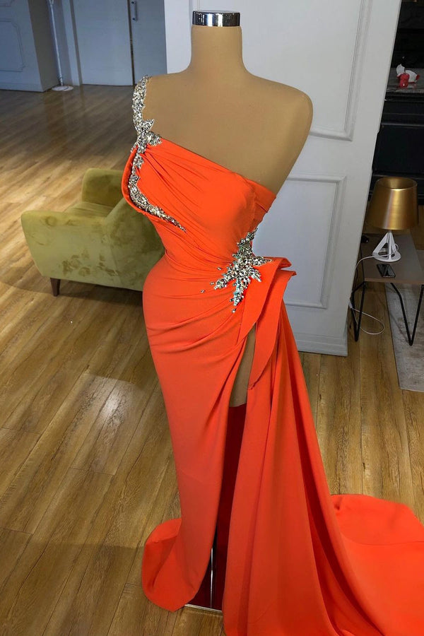 Silver Sequined One-shoulder Orange High-split Prom Dress-stylesnuggle