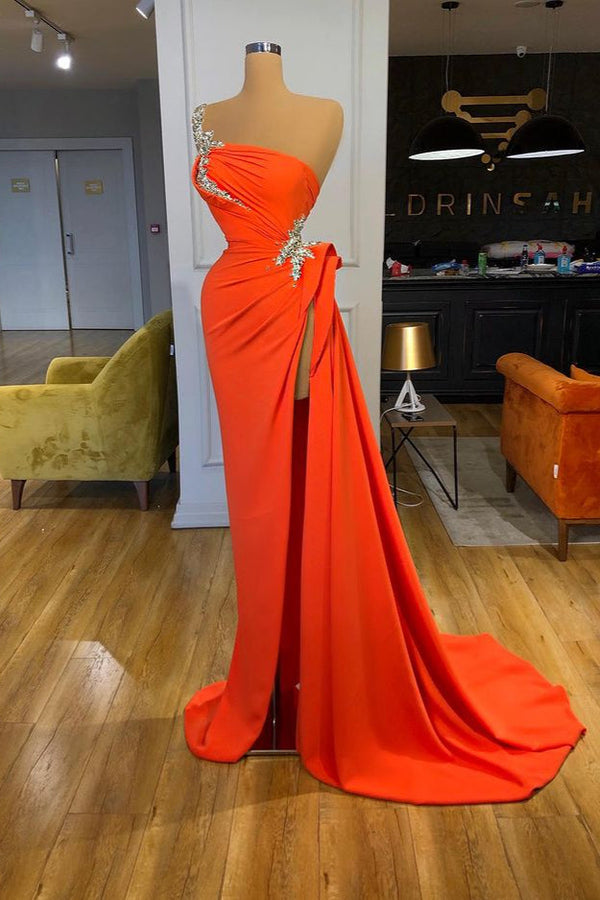 Silver Sequined One-shoulder Orange High-split Prom Dress-stylesnuggle