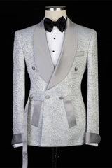 Discover the very best Silver Shawl Lapel Double Breasted Jacquard Wedding Suits for work,prom and wedding occasions at stylesnuggle. Custom made Silver Shawl Lapel mens suits with high quality.