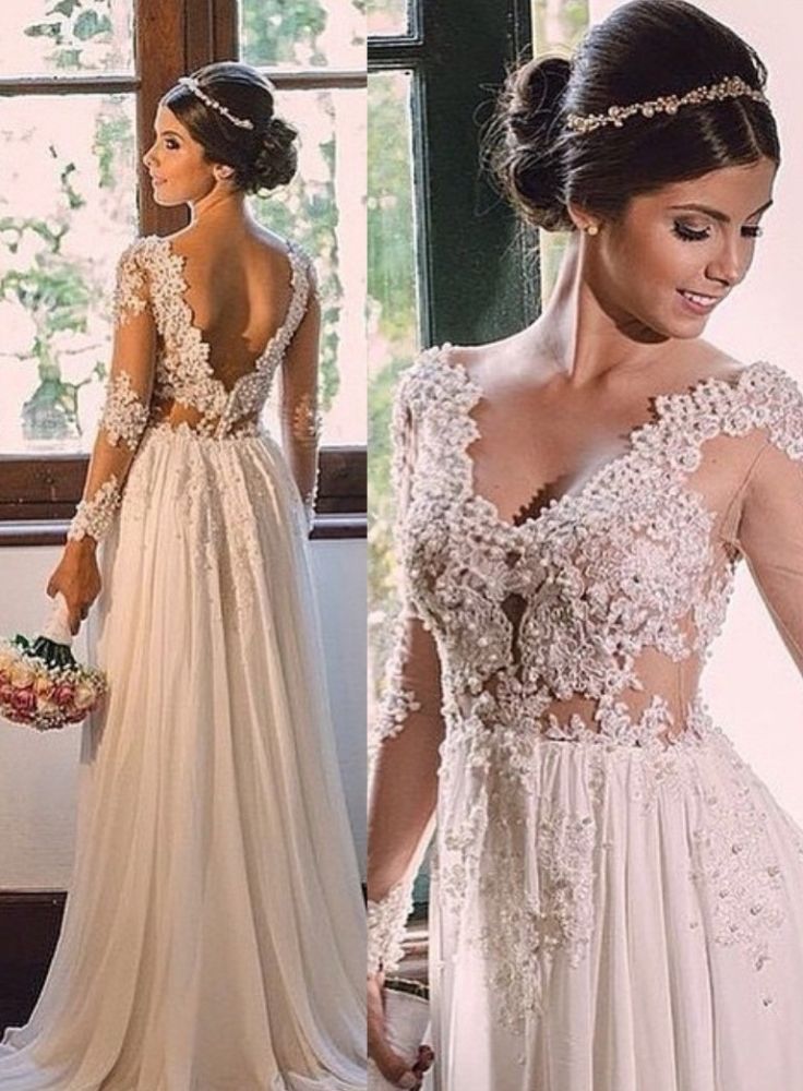 stylesnuggle offers Chiffon V-neck Lace Backless Wedding Dress at factory price available in White,Ivory,Blushing Pink,Red,Champagne,Black, 100D Chiffon to A-line hem.