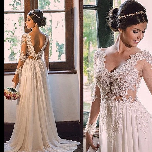 stylesnuggle offers Chiffon V-neck Lace Backless Wedding Dress at factory price available in White,Ivory,Blushing Pink,Red,Champagne,Black, 100D Chiffon to A-line hem.