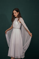 Simple Beaded White Chiffon Summer Wedding Dress with Cape-stylesnuggle