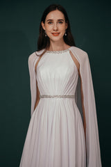 Simple Beaded White Chiffon Summer Wedding Dress with Cape-stylesnuggle