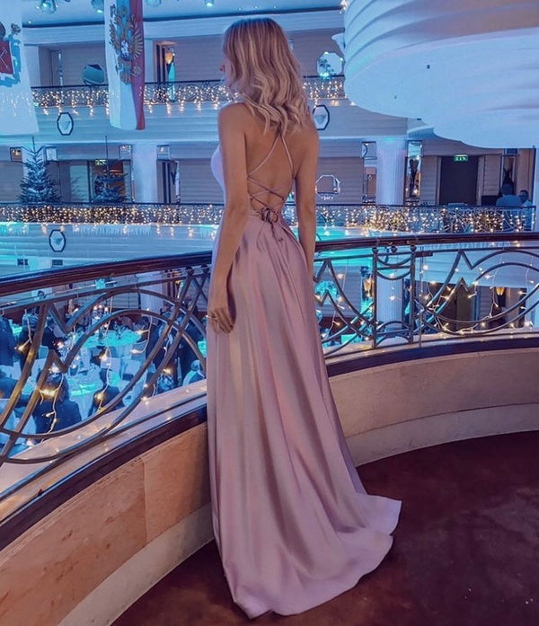 stylesnuggle offers Simple Halter Backless Dusty Pink High split Long evening Dresses On Sale at an affordable price from Stretch Satin to Column Floor-length skirts. Shop for gorgeous Sleeveless Prom Dresses, Evening Dresses collections for your big day.