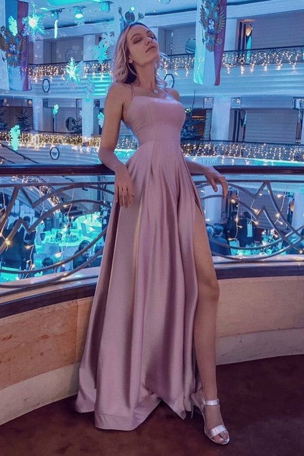 stylesnuggle offers Simple Halter Backless Dusty Pink High split Long evening Dresses On Sale at an affordable price from Stretch Satin to Column Floor-length skirts. Shop for gorgeous Sleeveless Prom Dresses, Evening Dresses collections for your big day.