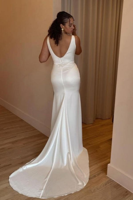 Simple Long White Mermaid Satin Sleeveless Wedding Dresses with Slit