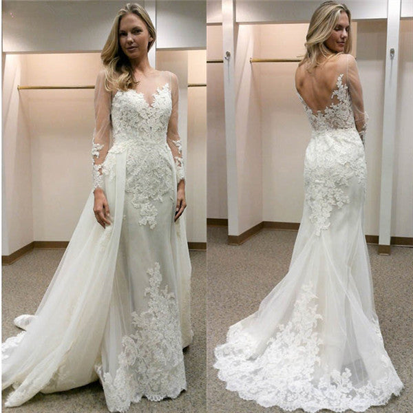 stylesnuggle offers Simple Sheath Long-Sleeves Tulle Appliques Open-Back Wedding Dress at factory price ,all made in high quality,fast delivery worldwide.