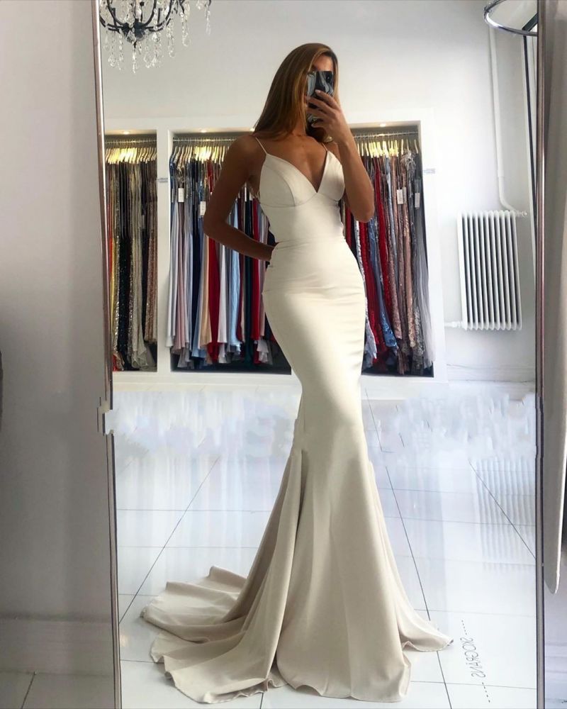 stylesnuggle offers Simple style V-neck Mermaid Ivory Spaghetti Strap Evening Dress at a cheap price from Satin to Mermaid Floor-length hem.. Gorgeous yet affordable Sleeveless Prom Dresses, Evening Dresses.