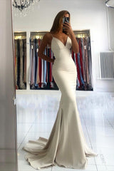 stylesnuggle offers Simple style V-neck Mermaid Ivory Spaghetti Strap Evening Dress at a cheap price from Satin to Mermaid Floor-length hem.. Gorgeous yet affordable Sleeveless Prom Dresses, Evening Dresses.