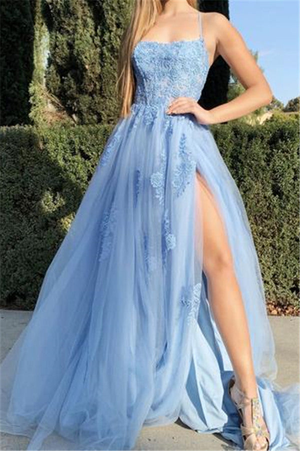 Sky Blue Front Split Evening Dress Spaghetti Straps Floral Appliques Tulle Prom Party Gowns-stylesnuggle