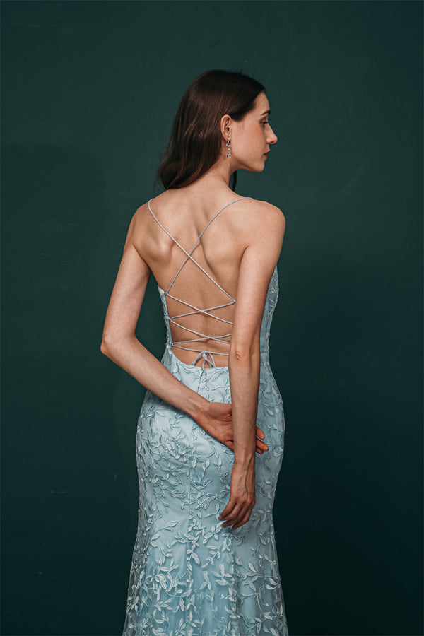 Sky blue Lace Criss-cross back Mermaid Prom Dress-stylesnuggle