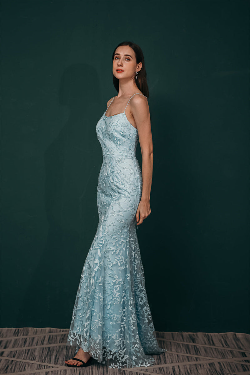 Sky blue Lace Criss-cross back Mermaid Prom Dress-stylesnuggle