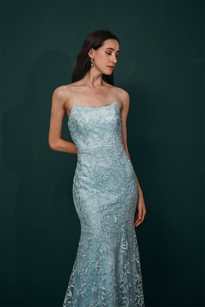 Sky blue Lace Criss-cross back Mermaid Prom Dress-stylesnuggle