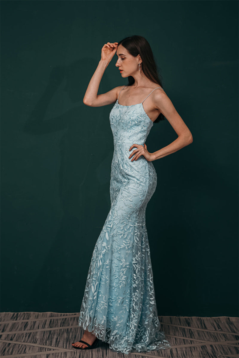 Sky blue Lace Criss-cross back Mermaid Prom Dress-stylesnuggle