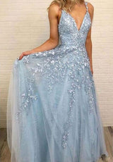 Looking for Prom Dresses, Evening Dresses, Homecoming Dresses, Bridesmaid Dresses in Tulle,  A-line style,  and Gorgeous Lace, Appliques work? stylesnuggle has all covered on this elegant Sky Blue Lace Prom Dresses Deep V-neck A Line Long Party Elegant Floor Length Women Evening Gowns.