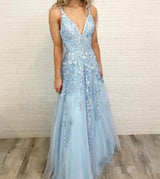 Looking for Prom Dresses, Evening Dresses, Homecoming Dresses, Bridesmaid Dresses in Tulle,  A-line style,  and Gorgeous Lace, Appliques work? stylesnuggle has all covered on this elegant Sky Blue Lace Prom Dresses Deep V-neck A Line Long Party Elegant Floor Length Women Evening Gowns.