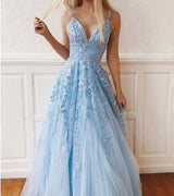 Looking for Prom Dresses, Evening Dresses, Homecoming Dresses, Bridesmaid Dresses in Tulle,  A-line style,  and Gorgeous Lace, Appliques work? stylesnuggle has all covered on this elegant Sky Blue Lace Prom Dresses Deep V-neck A Line Long Party Elegant Floor Length Women Evening Gowns.