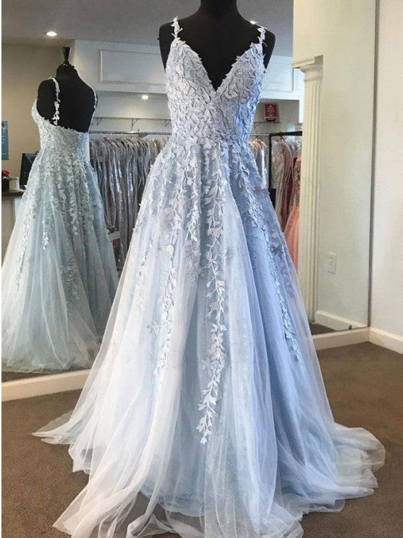 Looking for Prom Dresses, Evening Dresses, Homecoming Dresses, Bridesmaid Dresses in Tulle,  A-line style,  and Gorgeous Lace, Appliques work? stylesnuggle has all covered on this elegant Sky Blue Lace Prom Dresses Deep V-neck A Line Long Party Elegant Floor Length Women Evening Gowns.