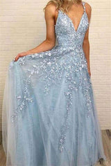 Sky Blue Lace Prom Dresses Deep V-neck A Line Long Party Elegant Floor Length Women Evening Gowns-stylesnuggle