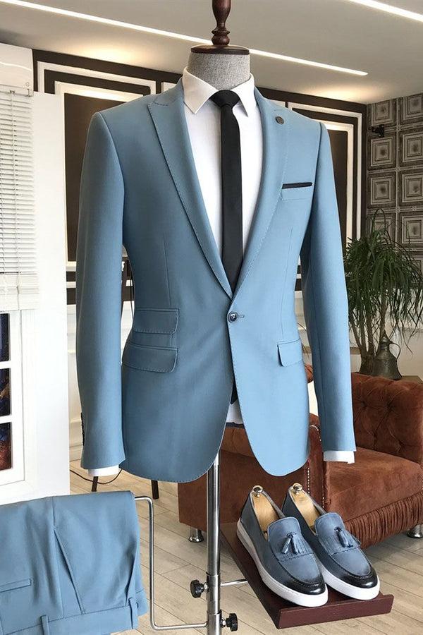 Sky Blue Peaked Lapel 3 Flaps Mens Prom Outfits