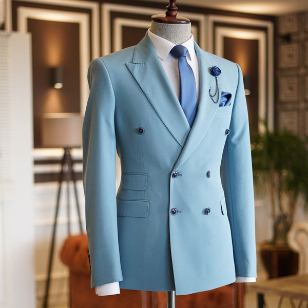 Sky Blue Peaked Lapel Double Breasted Bespoke Men's Prom Suits-stylesnuggle