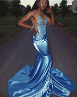 Sky Blue Silk-like Satin Mermaid Lace Appliques Prom Dresses-stylesnuggle