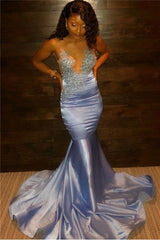 Sky Blue Silk-like Satin Mermaid Lace Appliques Prom Dresses-stylesnuggle