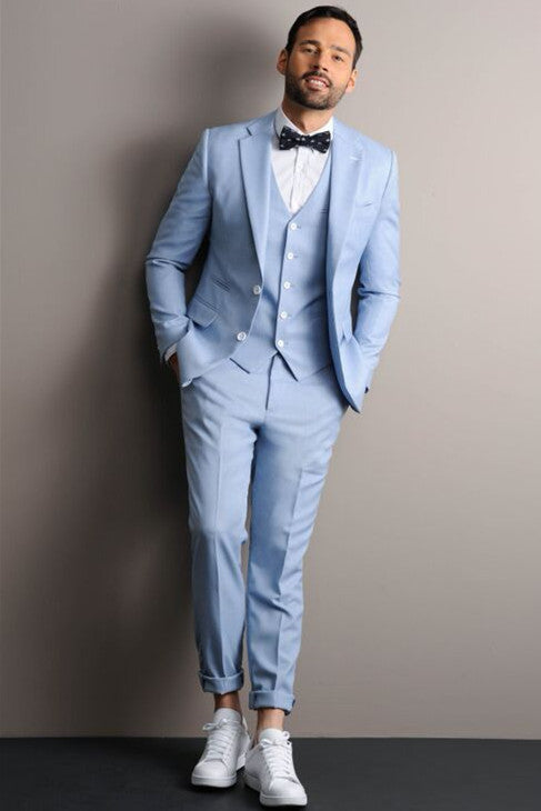 Sky Blue Three Pieces Notched Lapel Designer Men Suits