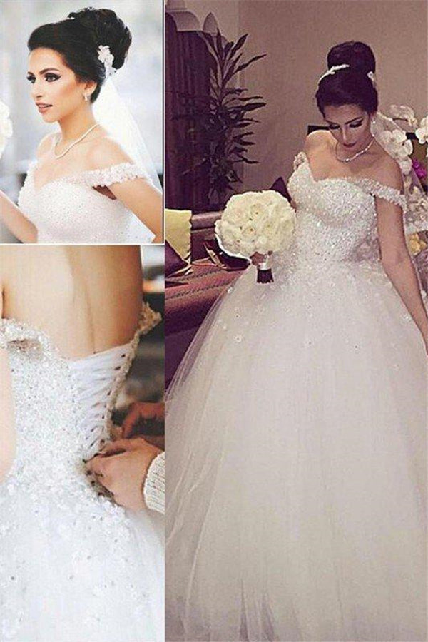 Sleeveless Ball Gown Lace Court Train Tulle Off the Shoulder Wedding Dresses-stylesnuggle