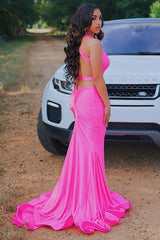 Sleeveless Hot pink Criss-cross back Mermaid Long Train Prom Dresses-stylesnuggle