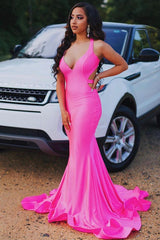 Sleeveless Hot pink Criss-cross back Mermaid Long Train Prom Dresses-stylesnuggle