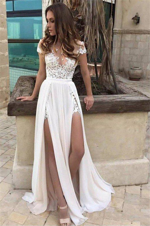 Sleeveless V neck Lace Chiffon A Line Floor Length Wedding Dresses-stylesnuggle