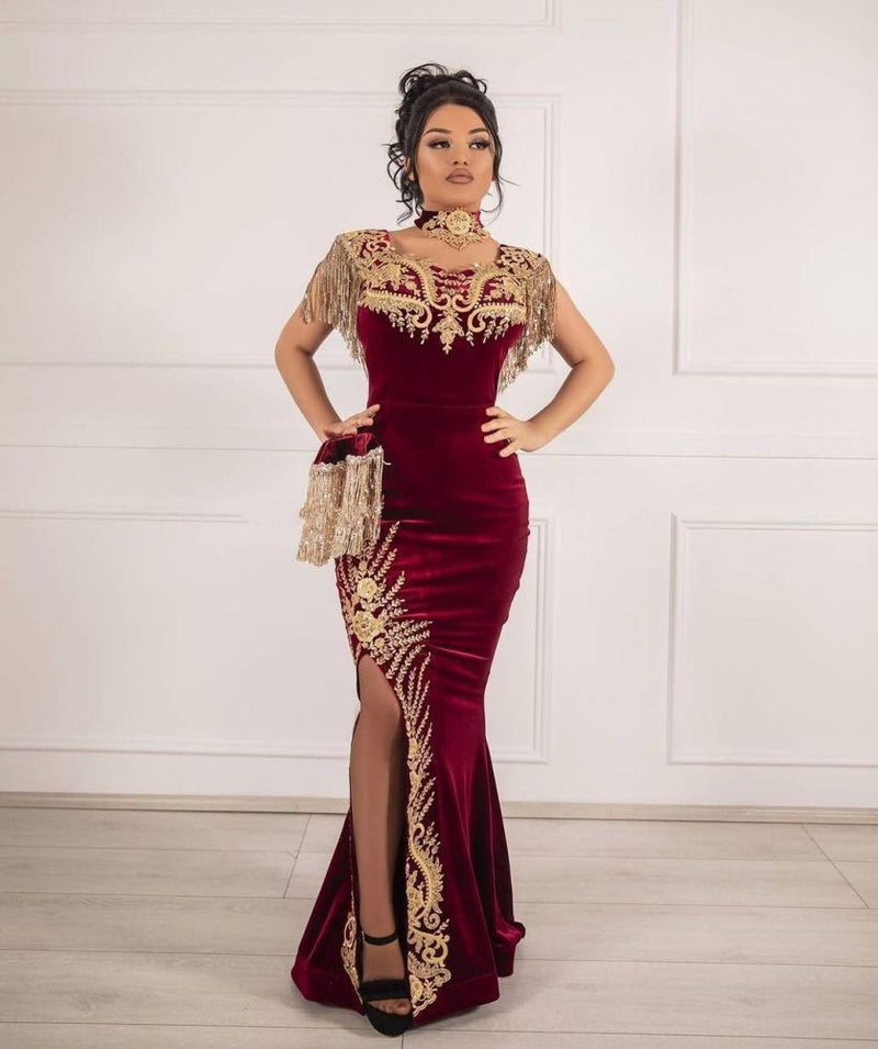 stylesnuggle offers Sleeveless Velvet Burgundy Mermaid Prom Party GownsTassel Gold Appliques Evening Gown with Front Split at a good price from Velvet to Mermaid hem. Gorgeous yet affordable Sleeveless Prom Dresses, Evening Dresses.