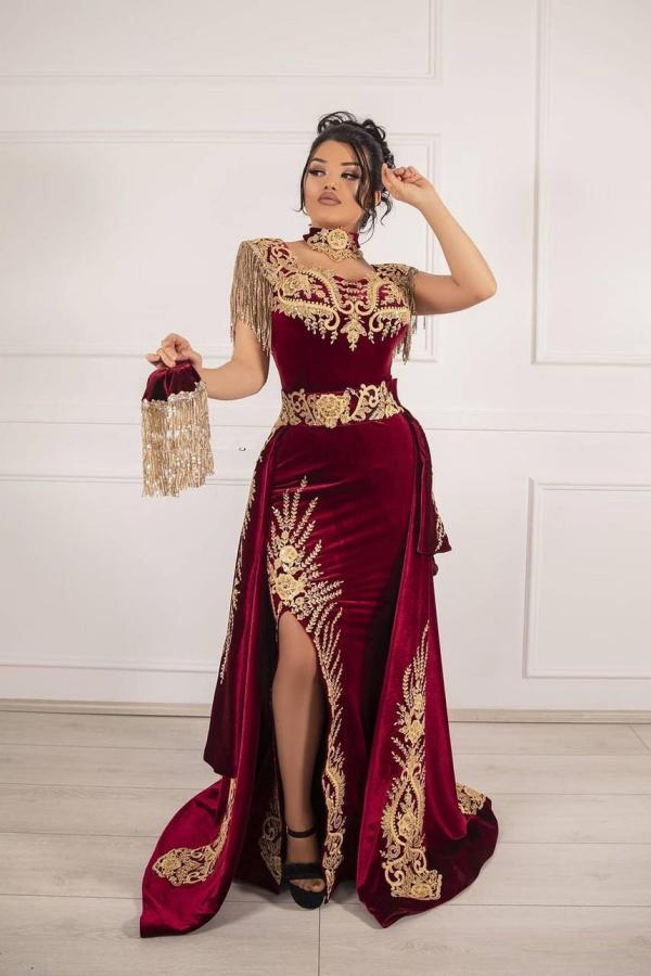 stylesnuggle offers Sleeveless Velvet Burgundy Mermaid Prom Party GownsTassel Gold Appliques Evening Gown with Front Split at a good price from Velvet to Mermaid hem. Gorgeous yet affordable Sleeveless Prom Dresses, Evening Dresses.