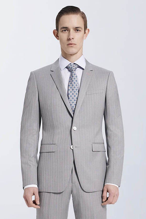 Looking for the Pricey Small Notch Lapel Light-colored Stripes High Quality Light Grey Mens Suits online Find your Notched Lapel Single Breasted Two-piece Grey mens suits for prom, wedding and business at stylesnuggle.