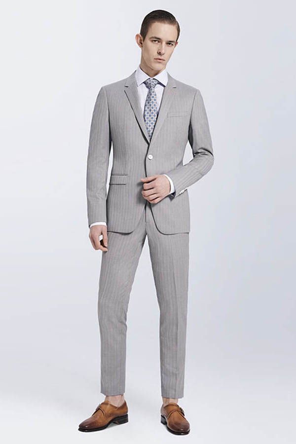 Looking for the Pricey Small Notch Lapel Light-colored Stripes High Quality Light Grey Mens Suits online Find your Notched Lapel Single Breasted Two-piece Grey mens suits for prom, wedding and business at stylesnuggle.