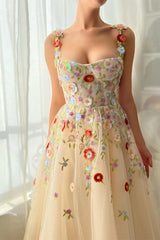 Spaghetti strap A-line Sweetheart Floor-length Open Back Appliques Lace Prom Dress-stylesnuggle