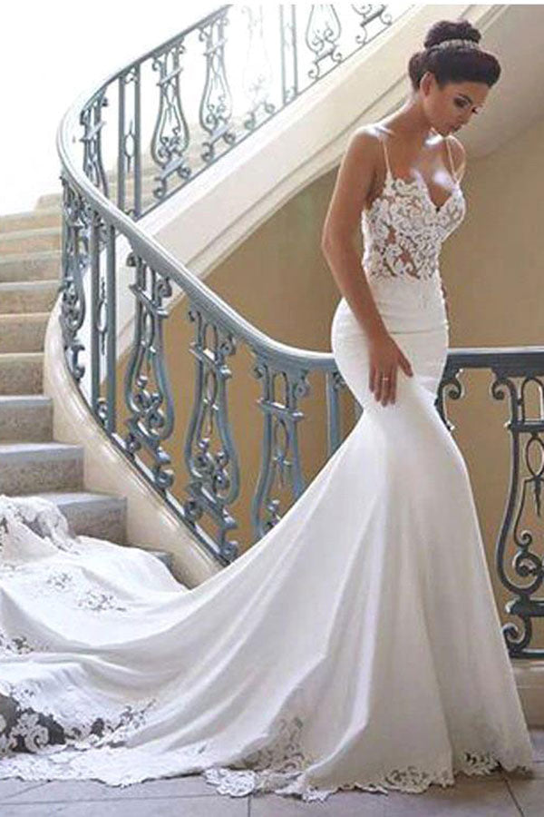 Finding a dress in Tulle, Mermaid style, and delicate Lace work? stylesnuggle custom made you this Spaghetti Strap Lace Wedding Dress Online with Chapel Train White Bridal Gowns under $200 at factory price.