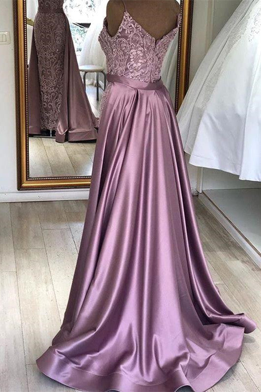 Wanna Prom Dresses, Evening Dresses in Stretch Satin,  A-line style,  and delicate Lace work? stylesnuggle has all covered on this elegant Spaghetti Strap Lilac Sleeveless Evening Dress with Overskirt Chic V-back Prom Party Gowns with gorgeous Lace appliques yet cheap price.