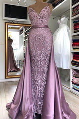 Wanna Prom Dresses, Evening Dresses in Stretch Satin,  A-line style,  and delicate Lace work? stylesnuggle has all covered on this elegant Spaghetti Strap Lilac Sleeveless Evening Dress with Overskirt Chic V-back Prom Party Gowns with gorgeous Lace appliques yet cheap price.