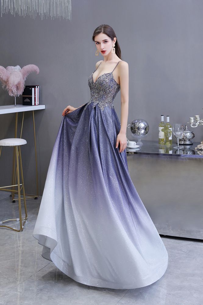 Looking for Prom Dresses, Evening Dresses, Homecoming Dresses, Quinceanera dresses in Satin, Tulle, Lace,  A-line style,  and Gorgeous Lace, Appliques, Pockets, Rhinestone work? stylesnuggle has all covered on this elegant Spaghetti Strap Ombre Pruple Sparkle Prom Dresses.