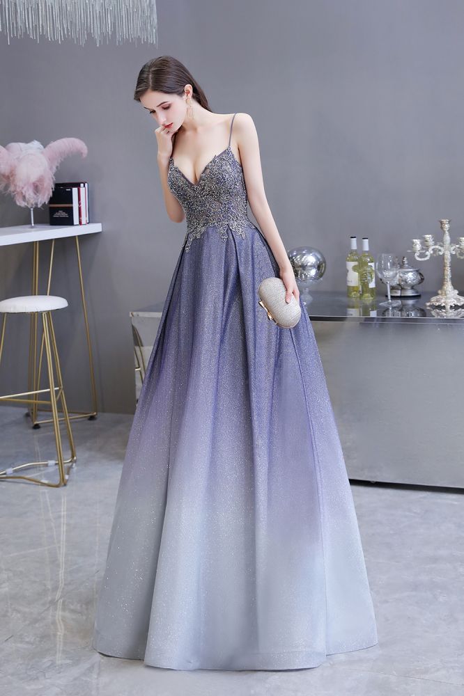 Looking for Prom Dresses, Evening Dresses, Homecoming Dresses, Quinceanera dresses in Satin, Tulle, Lace,  A-line style,  and Gorgeous Lace, Appliques, Pockets, Rhinestone work? stylesnuggle has all covered on this elegant Spaghetti Strap Ombre Pruple Sparkle Prom Dresses.