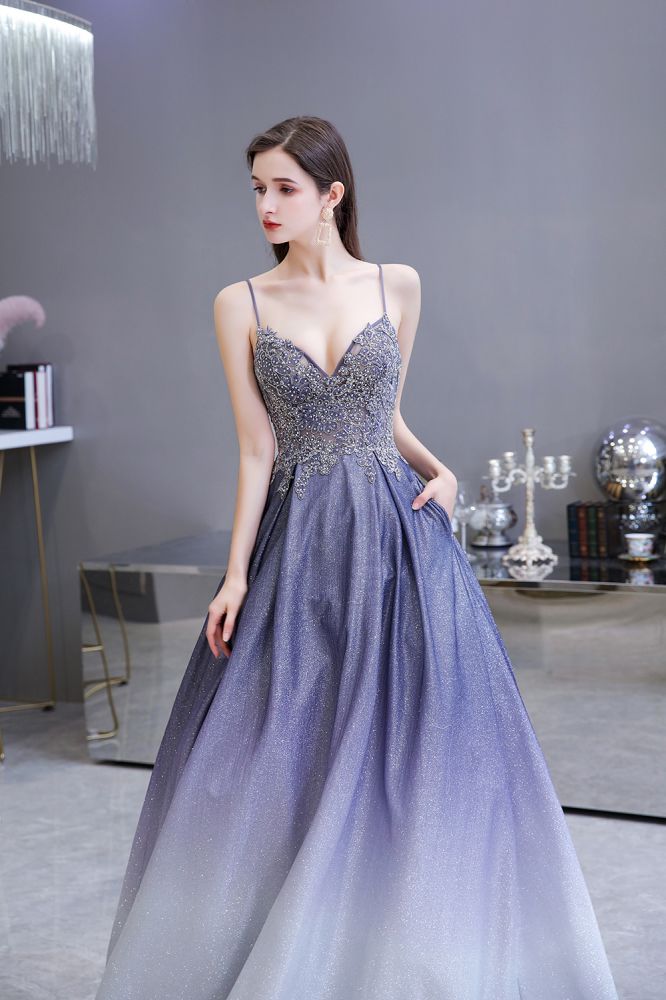 Looking for Prom Dresses, Evening Dresses, Homecoming Dresses, Quinceanera dresses in Satin, Tulle, Lace,  A-line style,  and Gorgeous Lace, Appliques, Pockets, Rhinestone work? stylesnuggle has all covered on this elegant Spaghetti Strap Ombre Pruple Sparkle Prom Dresses.