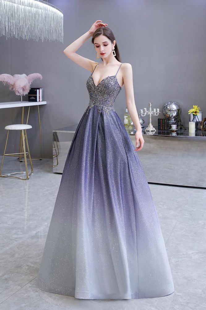 Looking for Prom Dresses, Evening Dresses, Homecoming Dresses, Quinceanera dresses in Satin, Tulle, Lace,  A-line style,  and Gorgeous Lace, Appliques, Pockets, Rhinestone work? stylesnuggle has all covered on this elegant Spaghetti Strap Ombre Pruple Sparkle Prom Dresses.