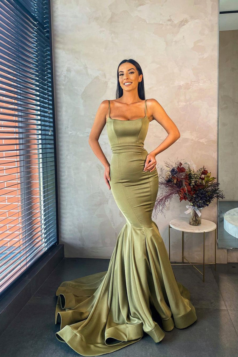 Spaghetti Straps Chiffon Green Mermaid Evening Dress Long-stylesnuggle