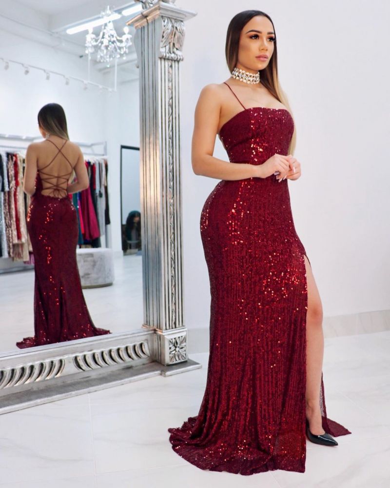 Looking for Prom Dresses, Evening Dresses, Real Model Series in Sequined,  Column style,  and Gorgeous Split Front, Sequined work? stylesnuggle has all covered on this elegant Spaghetti-straps Criss-cross Long Slit Sequins Mermaid Prom Dresses.