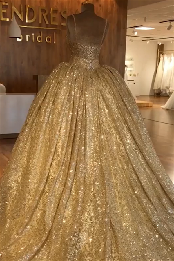 stylesnuggle offers Spaghetti Straps Gold Beaded Lace Evening Dress Luxurious Ball Gown Princess Open Back Prom Party Gowns at a cheap price from Tulle, Lace to Ball Gown Floor-length hem. Gorgeous yet affordable Sleeveless Prom Dresses, Evening Dresses.